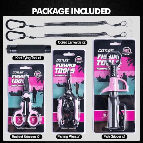 Goture Fishing Tool Kit,Fishing Pliers,Fillet Knife with Sheath,Fish Lip Gripper,Fish Hook Remover,Lanyard,Line Scissors,Sharpener,Stainless Steel Soap,Saltwater Gear Kit,Red/Pink,Gifts for Men/Women - color: B2:6pcs Pink Fishing Tool Kit