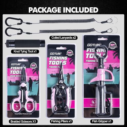 Goture Fishing Tool Kit,Fishing Pliers,Fillet Knife with Sheath,Fish Lip Gripper,Fish Hook Remover,Lanyard,Line Scissors,Sharpener,Stainless Steel Soap,Saltwater Gear Kit,Red/Pink,Gifts for Men/Women - color: B2:6pcs Pink Fishing Tool Kit