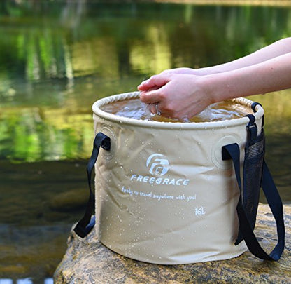 Freegrace Collapsible Bucket with Mesh Tool Pocket - 10L, 16L & 23L Portable Folding Water Container - Heavy Duty 500D Tarpaulin, BPA-Free Wash Basin for Camping, Fishing, RV, and Car Washing - color: Khaki
