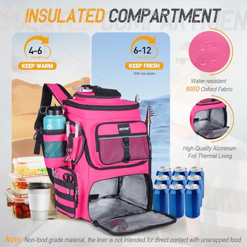 Goture Fishing Backpack,900D Water-Resistant Tackle Bag with Rod Holders, Insulated Cooler Compartment,55L Large Capacity Fishing Gear Storage for Saltwater&Freshwater Camping Hiking,Gifts for Women - color: A2:pink(without Tackle Boxes)