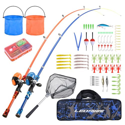 LEOFISHING Portable Kids Fishing Rod Set 2Pack Telescopic Fishing Poles for Boys and Girls Fishing Rod and Reel Combos with Full Kits Fishing Net and Bucket for Toddler Youth