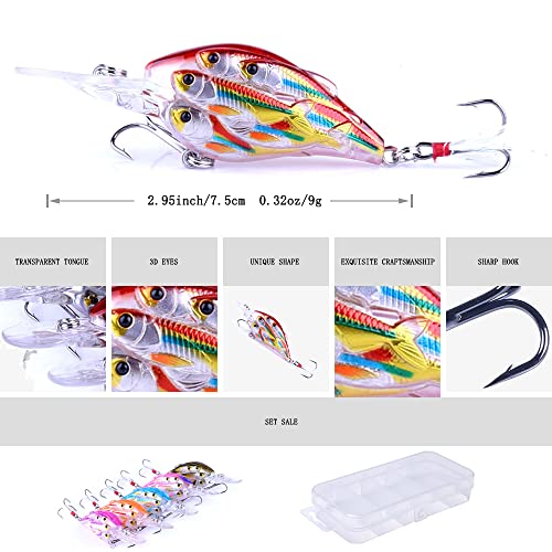 CrankBaits Fishing Lures CrankBait of Bass,Topwater Lures for Freshwater and Saltwater Shallow Water Deep Diving Swimbait,Topwater Bait for Trout Bass Fishing Lure,5pcs/Box