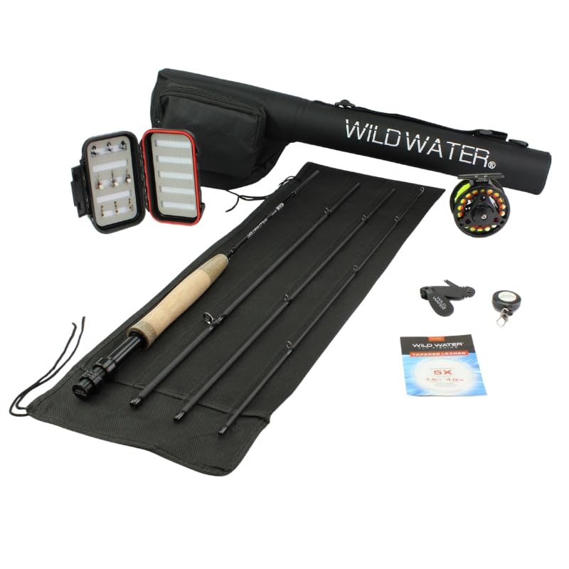 Wild Water Standard Fly Fishing Combo Starter Kit, 3 or 4 Weight 7 Foot Fly Rod, 4-Piece Graphite Rod with Cork Handle, Accessories, Die Cast Aluminum Reel, Carrying Case, Fly Box Case & Fishing Flies