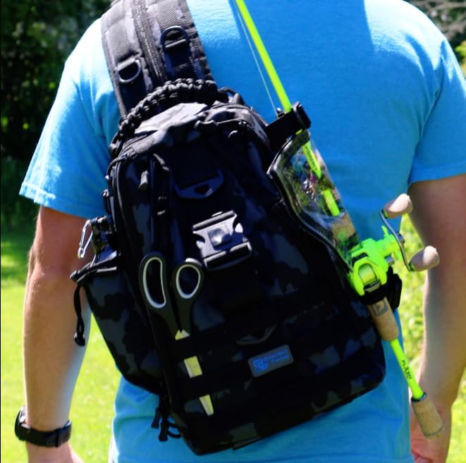 Reaction Tackle Camo Fishing Sling Bag, Water Resistant 2-in-1 Sling and Backpack with Rod Holder and Adjustable Straps, Large - size: Large