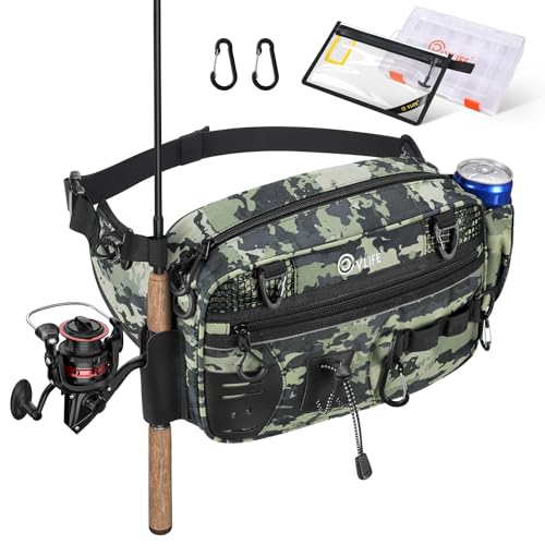 CVLIFE Fishing Tackle Bag Waist Pack with Rod Holder, Water Resistant Fanny Pack Includes 3600 Tackle Box, Waterproof Pouch & Carabiners, Convertible Sling Bag with Net Holster for Gear - color: Tactical Camo