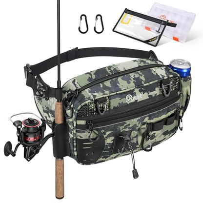 CVLIFE Fishing Tackle Bag Waist Pack with Rod Holder, Water Resistant Fanny Pack Includes 3600 Tackle Box, Waterproof Pouch & Carabiners, Convertible Sling Bag with Net Holster for Gear - color: Tactical Camo