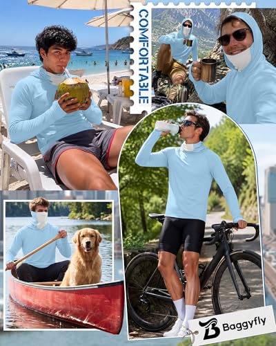 Men's UPF 50+ Sun Protection Hoodies Mask Long Sleeve Thumbholes Lightweight Dry Rash Guards Running Fishing Shirts - color: Ice Blue, size: Large