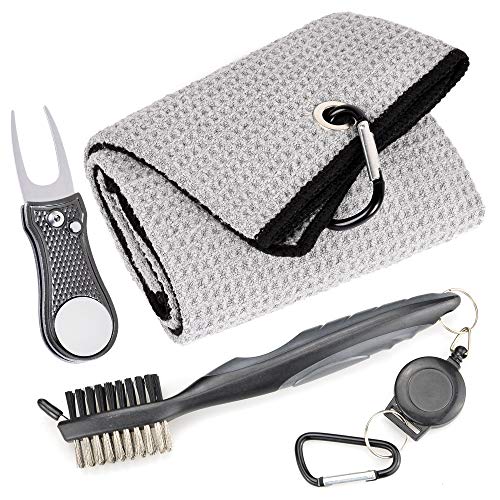 Mile High Life Microfiber Waffle Pattern Golf Towel | Club Groove Cleaner Brush | Foldable Divot Tool with Magnetic Ball Marker (Gray Towel/Brush/Bone Divot) - color: Gray Towel/Brush/Bone Divot