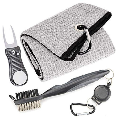 Mile High Life Microfiber Waffle Pattern Golf Towel | Club Groove Cleaner Brush | Foldable Divot Tool with Magnetic Ball Marker (Gray Towel/Brush/Bone Divot) - color: Gray Towel/Brush/Bone Divot