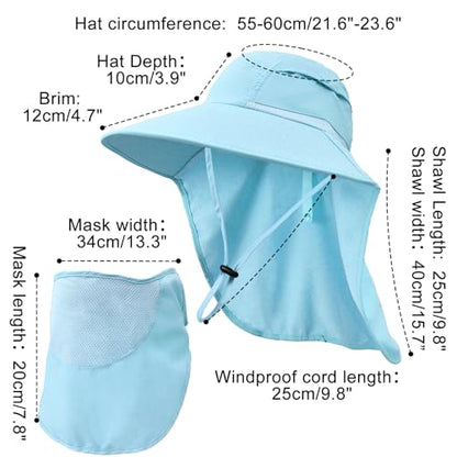 Sun Hats for Men Women Detachable Face Cover Wide Brim Fishing Hats with Neck Flap UPF 50+ Outdoor Safari Hats - color: Blue