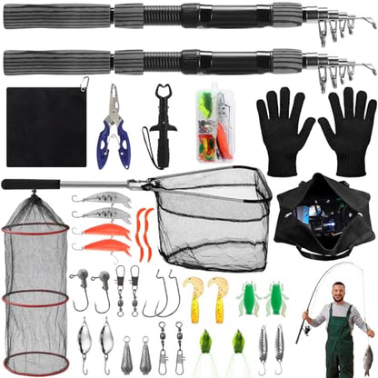 51 Pcs Fishing Rods Combo 6.89ft Telescopic Freshwater Pole Set with Plier Lip Gripper Lures Carrier Bag Pre Loaded Spinning Reel with Freshwater Rod Reel Kit Father Men Gift - color: Brown