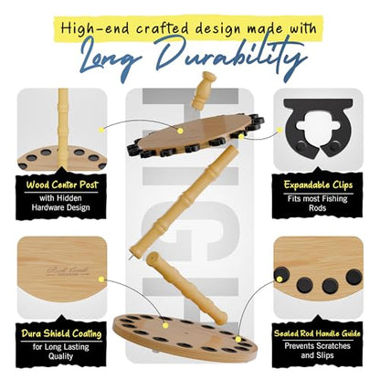 Rush Creek Creations Round 16 Fishing Rod Storage Rack - Features Traditional Handcrafted Wood Post - No Tool Assembly, Wood Grain Laminate - color: Light Wood Grain