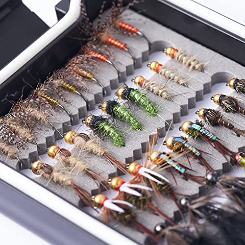 BASSDASH Fly Fishing Flies Kit Fly Assortment Trout Bass Fishing with Fly Box with Dry/Wet Flies, Nymphs, Streamers, Popper - style: 33pcs Barbed and Barbless Trout Flies
