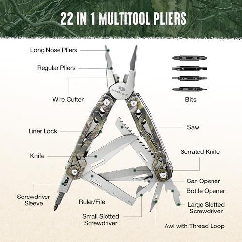 MOSSY OAK Multitool, 22-in-1 Stainless Steel Pliers with Screwdriver Sleeve, Camo Steel Handle, Self-locking Knife with Sheath-Perfect for Outdoor, Survival, Camping, Hiking, Simple Repair - color: 22-in-1, Camo