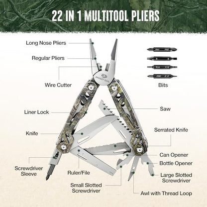 MOSSY OAK Multitool, 22-in-1 Stainless Steel Pliers with Screwdriver Sleeve, Camo Steel Handle, Self-locking Knife with Sheath-Perfect for Outdoor, Survival, Camping, Hiking, Simple Repair - color: 22-in-1, Camo