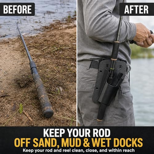 Fishing Rod Holster for Belt, Hands-Free Slide-in Rod Holder for Bank, Wading, Dock & Kayak Anglers, Lightweight 75g Carbon Fiber Pattern Finish, Black
