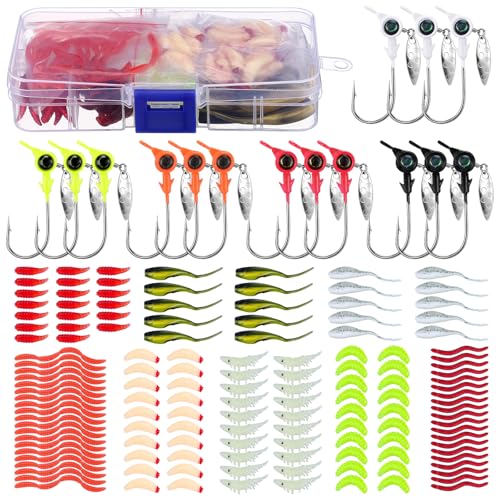 115 Pcs Crappie Jig Heads Lures Kit Underspin Crappie Jig Heads with Spinners Blade and Eye Ball Worm Baits for Saltwater & Freshwater 1/8oz 1/5oz 1/4oz