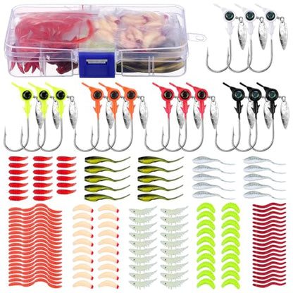 115 Pcs Crappie Jig Heads Lures Kit Underspin Crappie Jig Heads with Spinners Blade and Eye Ball Worm Baits for Saltwater & Freshwater 1/8oz 1/5oz 1/4oz