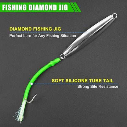 Diamond Jigs Saltwater Fishing Lures, 2Pack Casting Jigging Spoon with Tube Tail Striped Bass Metal Jig Spoons Deep Sea Offshore Surf Fishing 1oz-4oz - size: 5 Ounce, style: Green Tube, 2pack