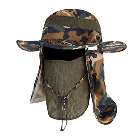YR.Lover Outdoor UV Sun Protection Wide Brim Fishing Cap with Removable Flap - color: Camouflage