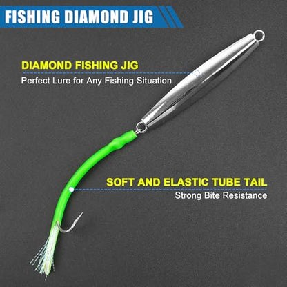 Saltwater Fishing Lures Diamond Jigs,3PCS Flat Metal Casting Jigging Spoon Baits with Teasers J Hooks for Surf Fishing Bluefish Striper Tuna Salmon Freshwater - color: Green, size: 2oz - 3pcs
