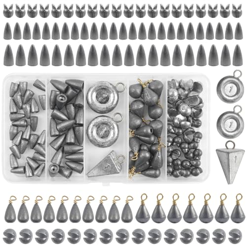 Fishing Sinker Weights Kit,100pcs Various Bass Casting Weight Removable Split Drop Shot Sinkers Pyramid Sinkers Disc Weights Catfish for Saltwater Freshwater Fishing