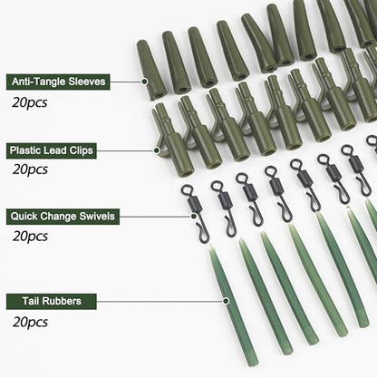 Carp Fishing Tackle Kit 80pcs Quick Change Swivels Lead Clips Rubber Tails Anti Tangle Sleeves Carp Fishing Accessories