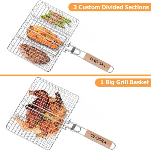 ORDORA Shallow Grill Basket, Fish Grill Basket, Rustproof Stainless Steel BBQ Folding Portable Grilling Rack for Meat, Steak,Vegetables, Grill Accessories - size: Shallow
