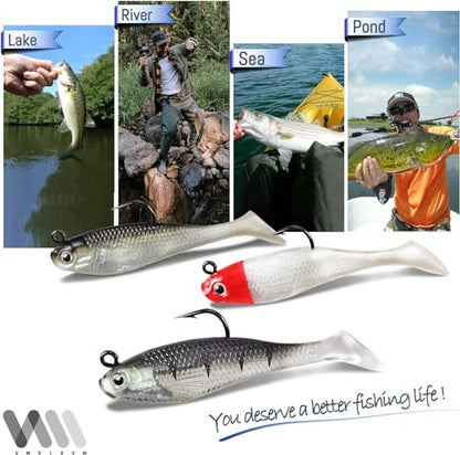 Soft Fishing Lures Shad Minnow Swimbaits, Pre-Rigged Jig Heads Paddle Tail Swim Baits for Bass, Trout, Walleye, Crappie, Sinking Jigs Bait for Saltwater Freshwater, Fishing Gifts for Men - color: A6-Weedness Pre Rigged Swim Baits-10pcs- 3.15inch