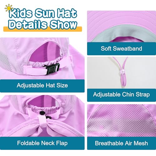 Rosoz Kids Sun Hat with Neck Flap UV Protection Summer Toddler Beach Hat Unisex Ponytail Hat Wide Brim Fishing Hat - color: 2pack-blue+purple