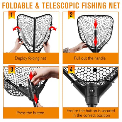 Dovesun Rubber Fishing Landing Nets Telescopic Handle Nets Folding Nets with Collapsible Handle for Catch & Release Fishing Gift 17.6" dia-13.7" Depth Black/Orange - color: Black