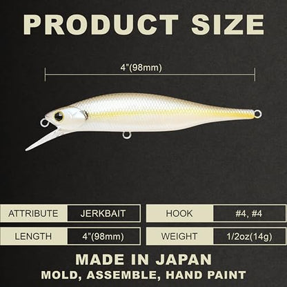 LUCKY CRAFT Lightning Pointer 98XR, Freshwater Bass Fishing Lures and Walleye Fishing Lures, 4" Slow Sinking Jerkbait, 6-7ft Depth, Largemouth Smallmouth, Tournament Fishing Gear - color: 250 Chartreuse Shad