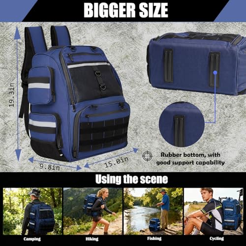 45L Fishing Tackle Backpack with Rod Holders, Waterproof Large Fishing Back Pack Storage Bags & Wraps Gear And Equipment for Men for Camping Hiking, Bottle Holder - color: Blue