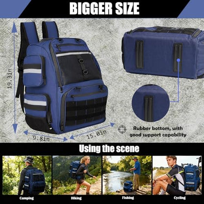 45L Fishing Tackle Backpack with Rod Holders, Waterproof Large Fishing Back Pack Storage Bags & Wraps Gear And Equipment for Men for Camping Hiking, Bottle Holder - color: Blue