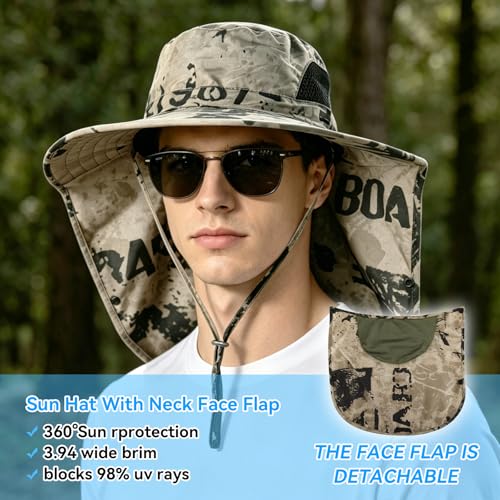 ALANDUO Wide Brim XXL Sun Hats for Men Big Head, UPF 50+ Fishing Sun Hat with Neck Face Flap, Safari Boonie Hat for Men Women - color: Ink Khaki