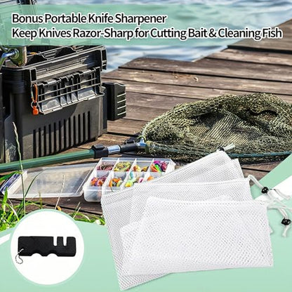 10-Pack Premium Nylon Mesh Chum Bags for Fishing – Large 14x16 inch Drawstring Bait Bags for Maximum Bait Release & Attraction, Durable Saltwater Net + Bonus Knife Sharpener