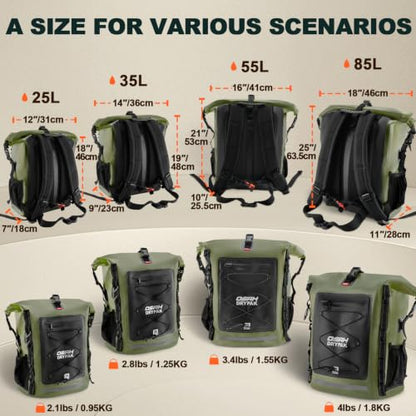 OSAH DRYPAK Waterproof Backpack Dry Bag 25L/35L/55L/85L – Heavy Duty Roll-Top Hiking Backpack Sack Keeps Gear Dry for Travel, Kayaking, Boating, Camping, Rafting and Fishing - color: Green, size: 25L