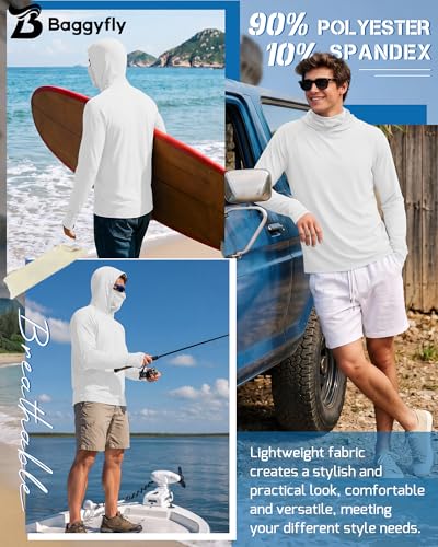 Men's UPF 50+ Sun Protection Hoodies Mask Long Sleeve Thumbholes Lightweight Dry Rash Guards Running Fishing Shirts - color: Natural White, size: Medium