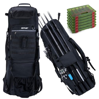 Goture 61L Large Fishing Backpack Tackle Bag, 3-Layer with 6 Tackle Boxes Included with Insulated Cooler Compartment & Expandable Mesh Pocket, Waterproof 600D Tactical Tackle Bag for Outdoor Anglers - color: A2:116L Black (with 6 Tackle Boxes)