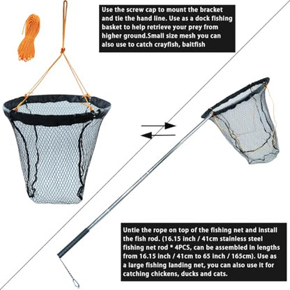 Drasry Large Collapsible Bridge Pier Fishing Net Landing Net with Rod, High Load Aluminum Ring Drop Net for Saltwater and Freshwater Pier Fishing Basket with 49.2 ft. Rope - color: Black, size: 31.5 x 31.5 x 35.4", style: 0.99*0.59 in Mesh