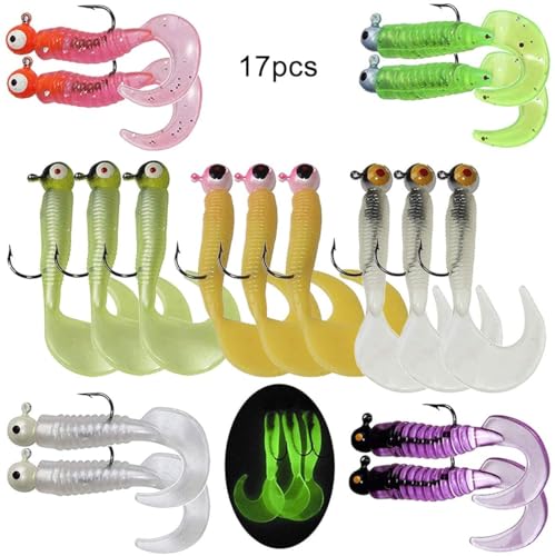 Soft Plastic Fishing Lures Grub Lures Jig Head Hooks Kit Crappie Jigs Grub Tail Worm Lure Tube Baits for Bass Trout Crappie Panfish Saltwater Freshwater Fishing - color: 17pcs Kit