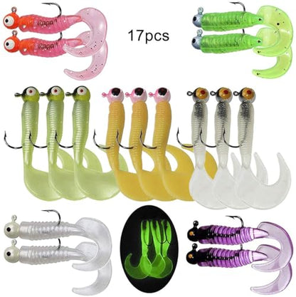 Soft Plastic Fishing Lures Grub Lures Jig Head Hooks Kit Crappie Jigs Grub Tail Worm Lure Tube Baits for Bass Trout Crappie Panfish Saltwater Freshwater Fishing - color: 17pcs Kit