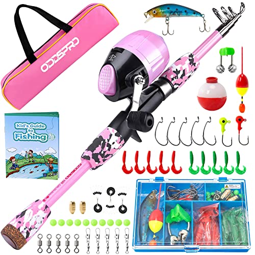 ODDSPRO Kids Fishing Pole - Portable Telescopic Kids Fishing Rod and Reel Combo Kit - with Spincast Fishing Reel Tackle Box for Girls, Youth - color: Light Pink, size: 4.92 ft