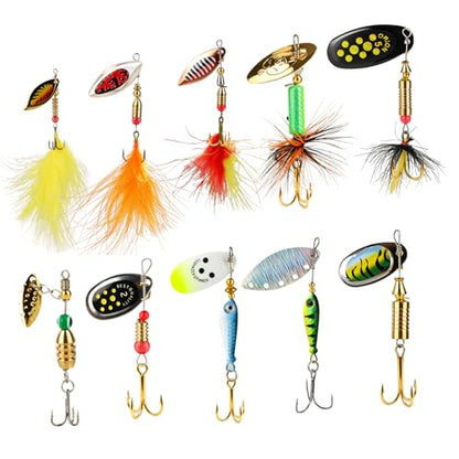 10Pcs Spinner Baits Rooster Tail Fishing Lure Kit for Bass Trout | 0.1-0.4oz 2-in-1 lure set freshwater saltwater | Spinning blade vibration flash | Solid brass sharp hooks | Bright feathers