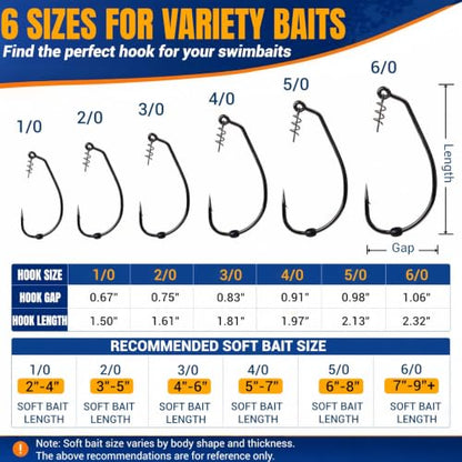 EWG Swimbait Hooks with Screw Lock, 20Pcs Bass Hooks 1/0-6/0 | Wide Gap Weedless Hooks for Bass Fishing, Bait Stopper Beads for DIY Riggings, Sharp Soft Plastic Worm Hooks - size: 4/0-20Pcs
