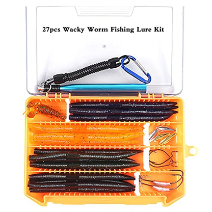 Soft Plastic Bass Fishing Lure 5.3" Senko Style Worms-Salt Impregnation, Ribbed Design Slow Sinking Swimbaits - color: 27pcs Wacky Worm kit