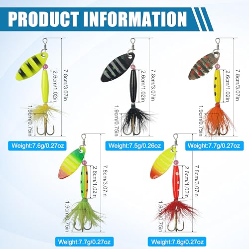 Fishing Lures Spinnerbait Kit Rooster Bait Tail Fishing Lures Inline Spinner Baits Bass Salmon Trout Spoon Hard Metal Spinnerbaits for Saltwater Freshwater - style: 5pcs-3.07"-0.27oz