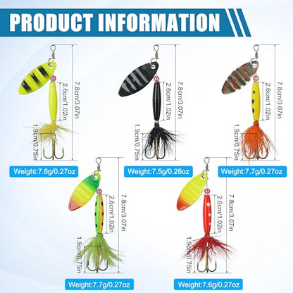 Fishing Lures Spinnerbait Kit Rooster Bait Tail Fishing Lures Inline Spinner Baits Bass Salmon Trout Spoon Hard Metal Spinnerbaits for Saltwater Freshwater - style: 5pcs-3.07"-0.27oz
