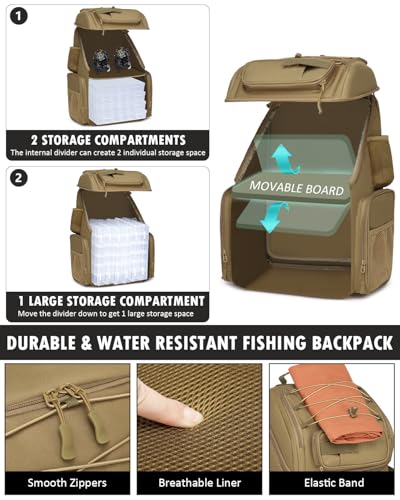HAMBOLY Fishing Backpack with Tackle Boxes, 50L Fishing Tackle Bag with Cooler & Rod Holders, Waterproof Tackle Bag for Men - color: Brown