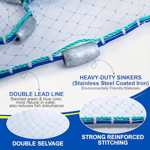 Goture American Fishing Cast Net Saltwater Freshwater,3/8in Mesh Size Casting Net for Bait Fish Shrimp Trap,Heavy Duty Sinkers Dual Color Double Selvage,4ft Radius Throw Cast Net with Needle